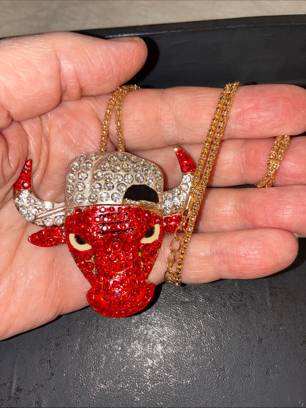 Red Crystal Bull Pendant/ Brooch Necklace